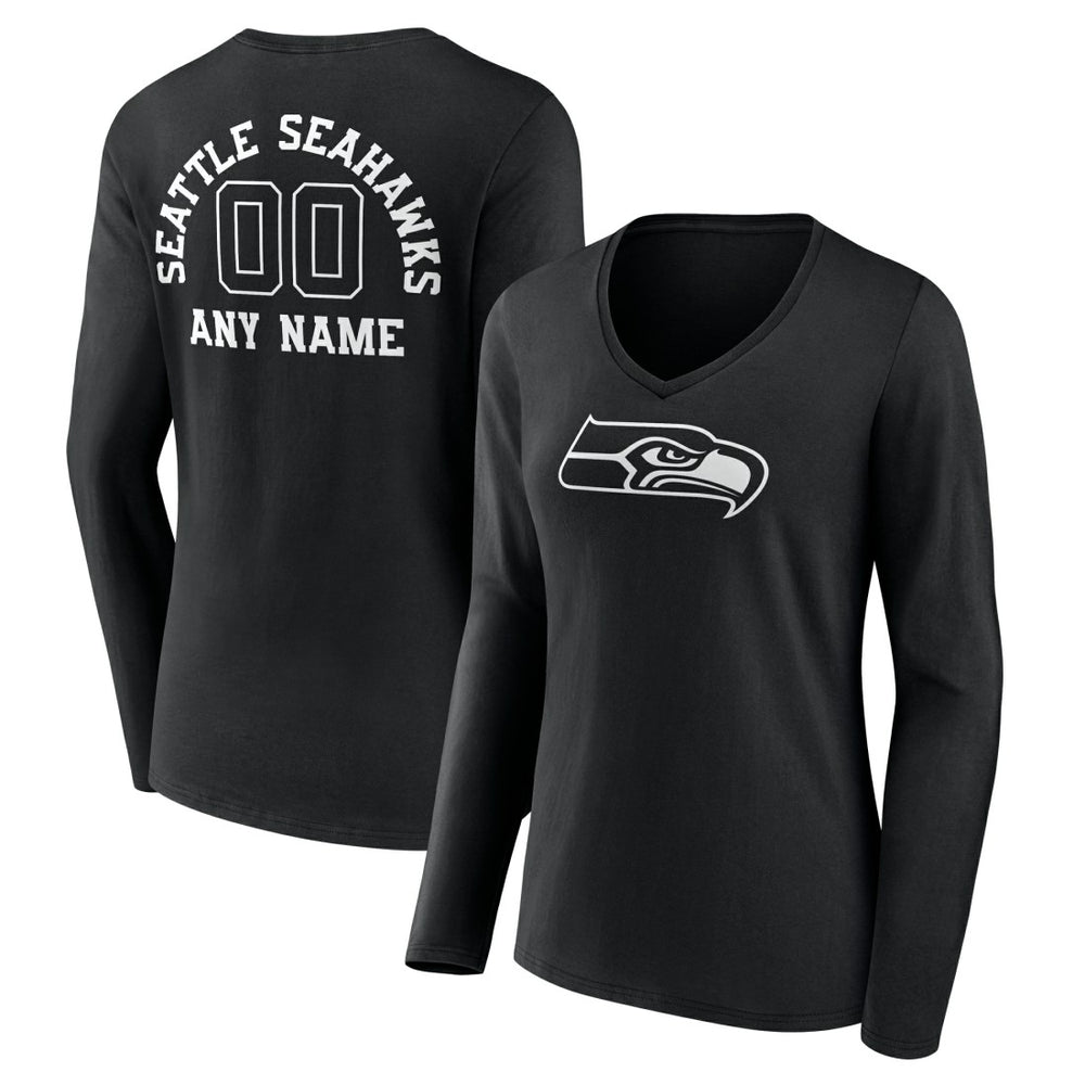 Seattle Seahawks Women's Personalized Name & Number Monochrome Long Sleeve V-Neck T-Shirt Black - NFL