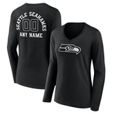 Seattle Seahawks Women's Personalized Name & Number Monochrome Long Sleeve V-Neck T-Shirt Black - NFL
