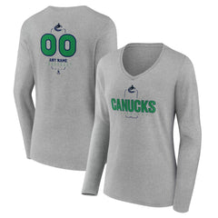 Vancouver Canucks - Women's Personalized Name & Number Midfielder Long Sleeve V-Neck T-Shirt Gray