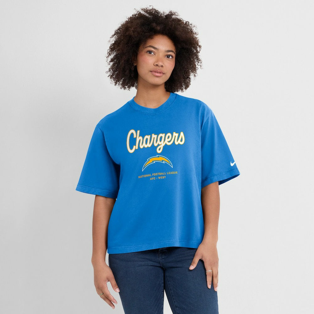 Los Angeles Chargers Women's Essential Script Relaxed Boxy T-Shirt Powder Blue - Nike