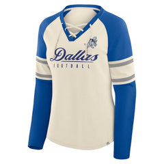 Dallas Cowboys Women's Hometown Gridiron Hero Raglan Lace-Up V-Neck Long Sleeve T-Shirt Cream/Royal - Fanatics