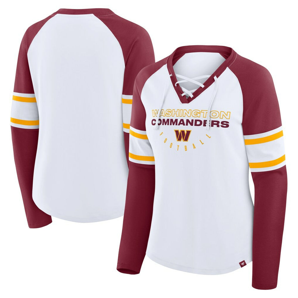 Washington Commanders Women's Redzone Blitz Package Raglan Lace-Up V-Neck Long Sleeve T-Shirt White/Burgundy - Fanatics