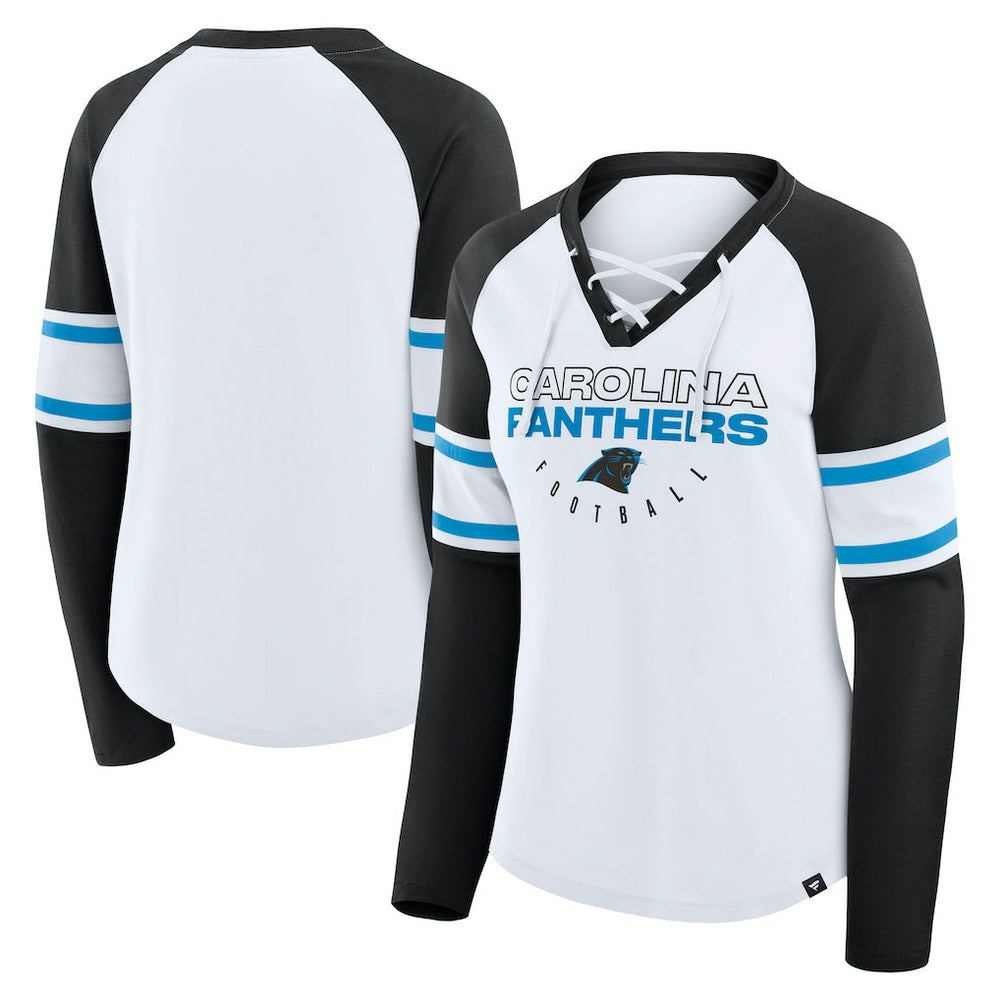 Carolina Panthers Women's Redzone Blitz Package Raglan Lace-Up V-Neck Long Sleeve T-Shirt White/Black - Fanatics