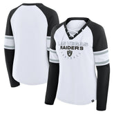 Las Vegas Raiders Women's Redzone Blitz Package Raglan Lace-Up V-Neck Long Sleeve T-Shirt White/Black - Fanatics