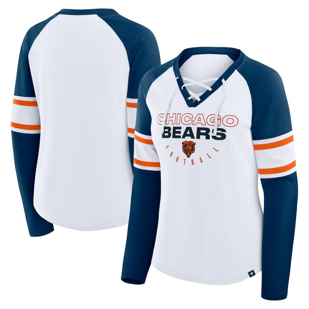 Chicago Bears Women's Redzone Blitz Package Raglan Lace-Up V-Neck Long Sleeve T-Shirt White/Navy - Fanatics