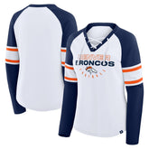 Denver Broncos Women's Redzone Blitz Package Raglan Lace-Up V-Neck Long Sleeve T-Shirt White/Navy - Fanatics