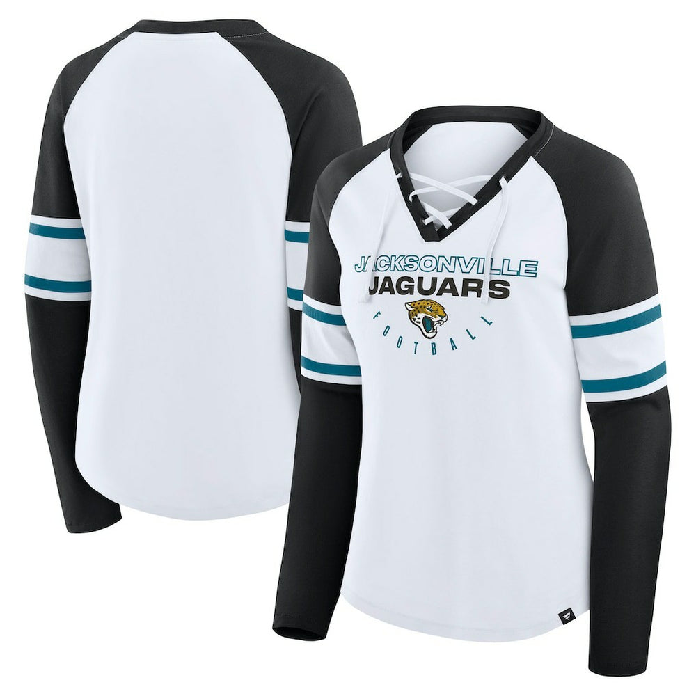 Jacksonville Jaguars Women's Redzone Blitz Package Raglan Lace-Up V-Neck Long Sleeve T-Shirt White/Black - Fanatics