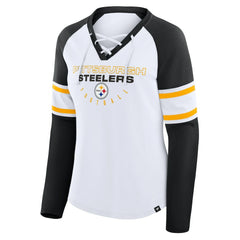 Pittsburgh Steelers Women's Redzone Blitz Package Raglan Lace-Up V-Neck Long Sleeve T-Shirt White/Black - Fanatics