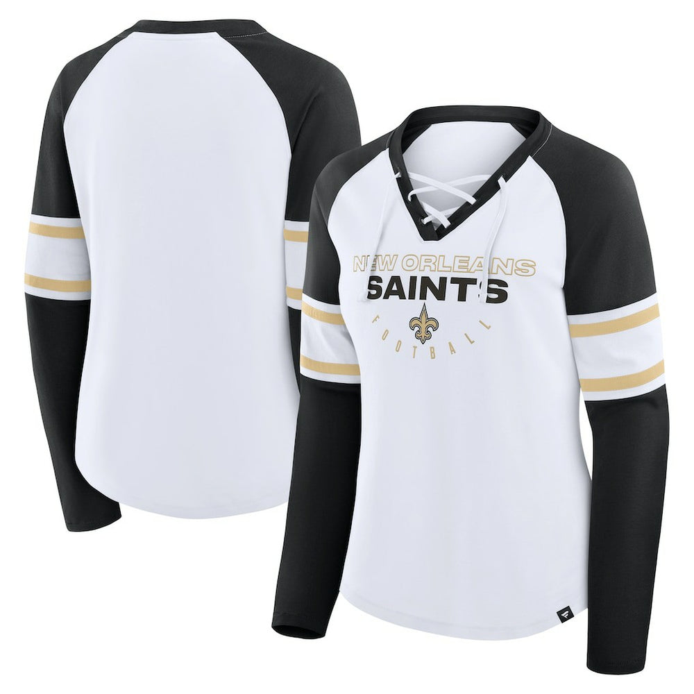New Orleans Saints Women's Redzone Blitz Package Raglan Lace-Up V-Neck Long Sleeve T-Shirt White/Black - Fanatics