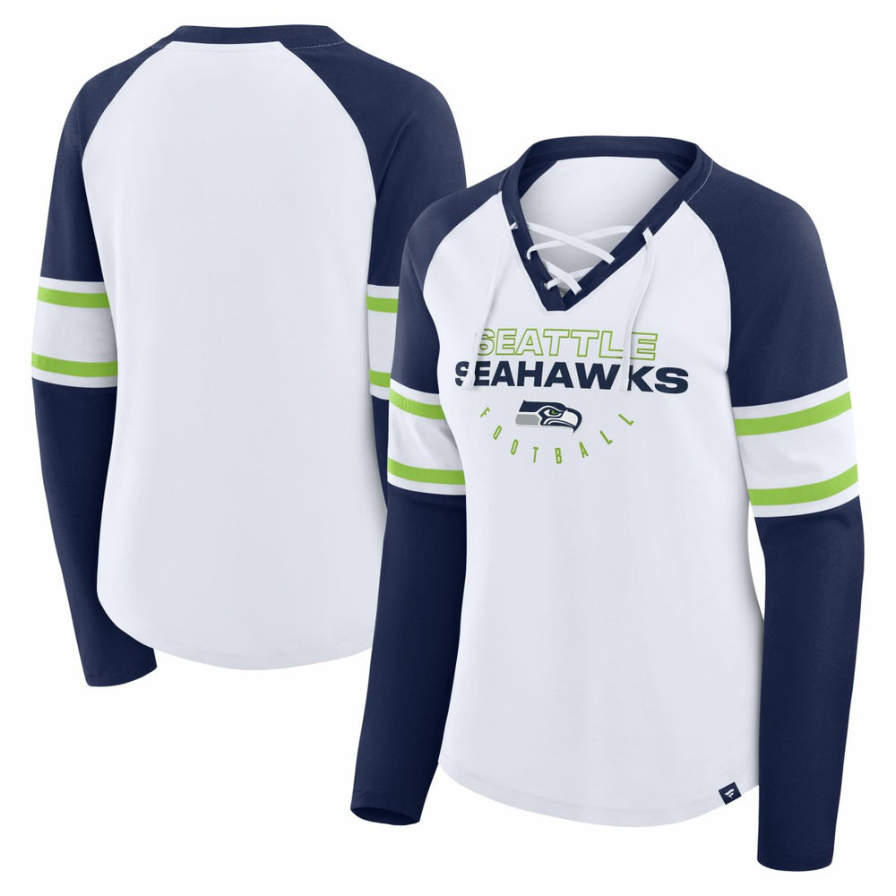 Seattle Seahawks Women's Redzone Blitz Package Raglan Lace-Up V-Neck Long Sleeve T-Shirt White/College Navy - Fanatics