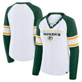 Green Bay Packers Women's Redzone Blitz Package Raglan Lace-Up V-Neck Long Sleeve T-Shirt White/Green - Fanatics