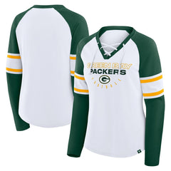 Green Bay Packers Women's Redzone Blitz Package Raglan Lace-Up V-Neck Long Sleeve T-Shirt White/Green - Fanatics