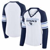 Tennessee Titans Women's Redzone Blitz Package Raglan Lace-Up V-Neck Long Sleeve T-Shirt White/Navy - Fanatics