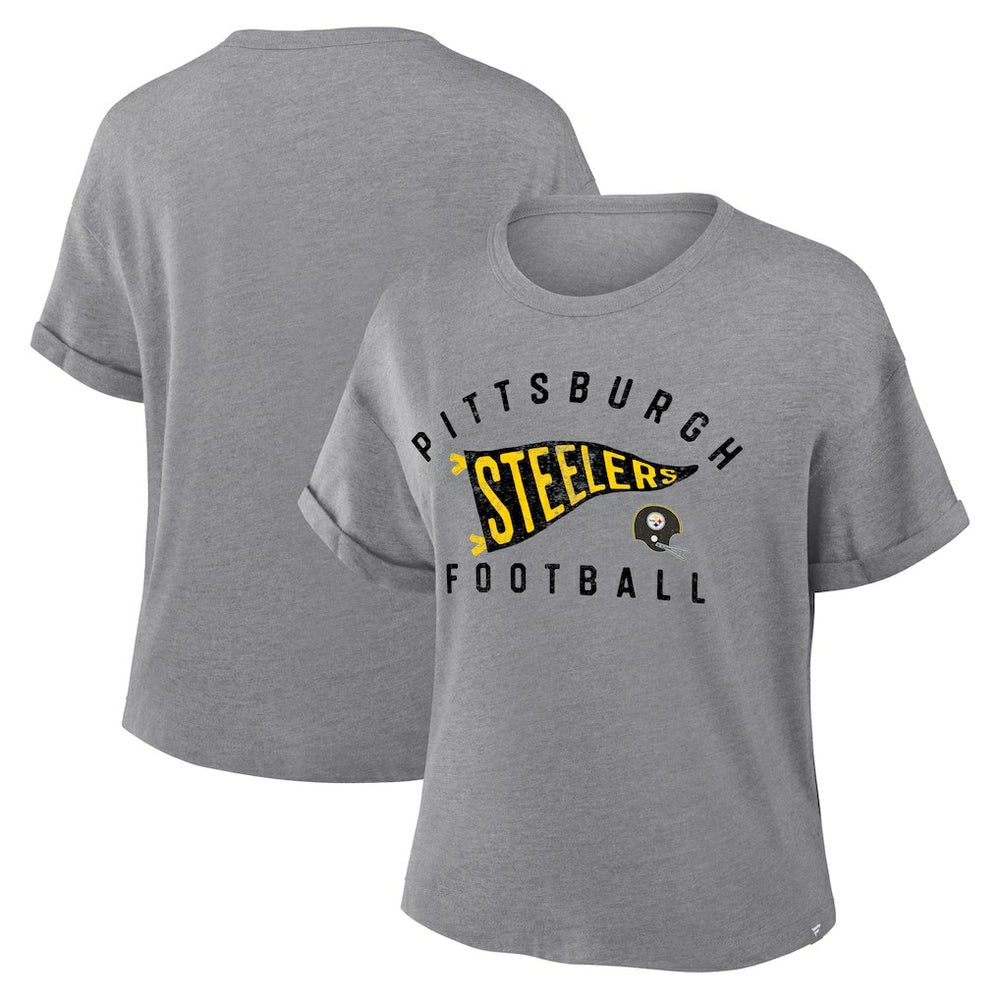 Pittsburgh Steelers Women's Pennant Wave Tribute Tri-Blend Boxy T-Shirt Heather Gray - Fanatics