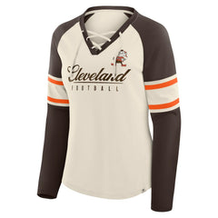 Cleveland Browns Women's Hometown Gridiron Hero Raglan Lace-Up V-Neck Long Sleeve T-Shirt Cream/Brown - Fanatics
