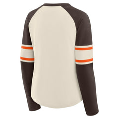 Cleveland Browns Women's Hometown Gridiron Hero Raglan Lace-Up V-Neck Long Sleeve T-Shirt Cream/Brown - Fanatics