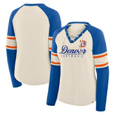 Denver Broncos Women's Hometown Gridiron Hero Raglan Lace-Up V-Neck Long Sleeve T-Shirt Cream/Royal - Fanatics
