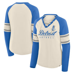 Detroit Lions Women's Hometown Gridiron Hero Raglan Lace-Up V-Neck Long Sleeve T-Shirt Cream/Blue - Fanatics