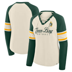Green Bay Packers Women's Hometown Gridiron Hero Raglan Lace-Up V-Neck Long Sleeve T-Shirt Cream/Green - Fanatics