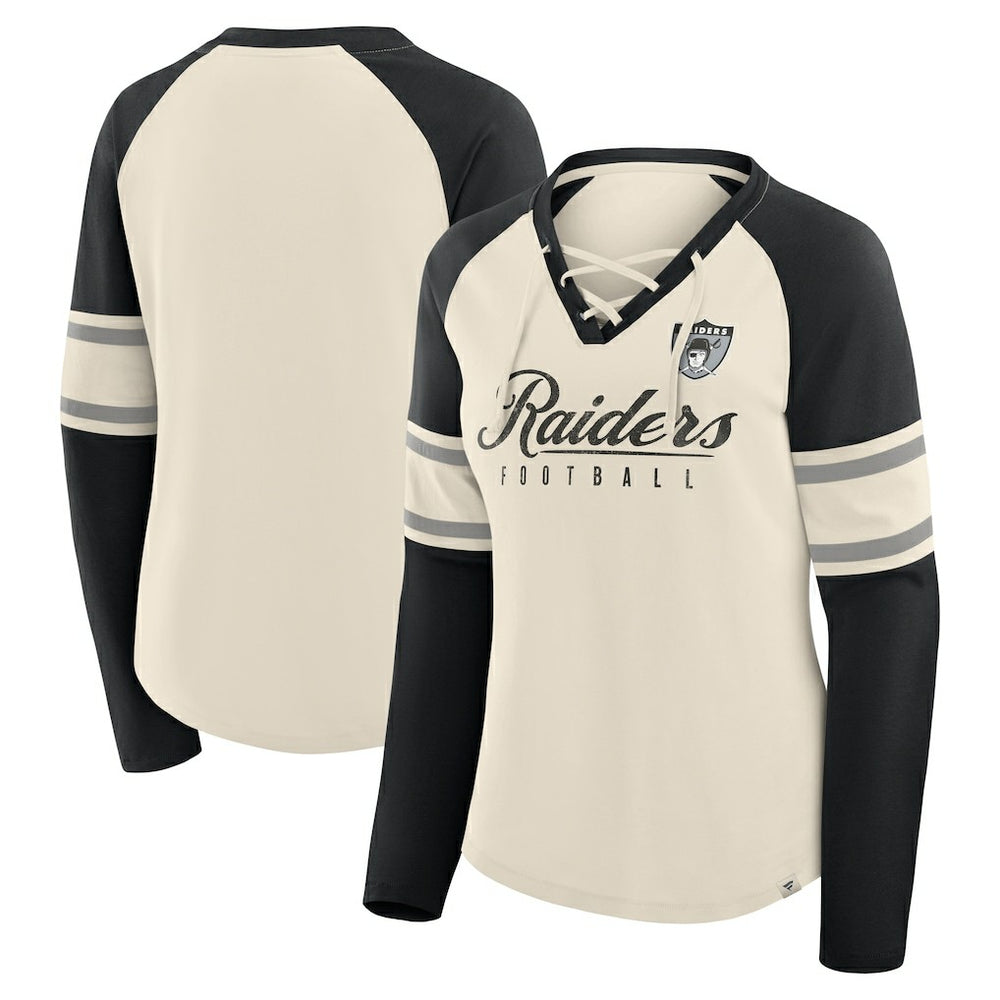 Las Vegas Raiders Women's Hometown Gridiron Hero Raglan Lace-Up V-Neck Long Sleeve T-Shirt Cream/Black - Fanatics