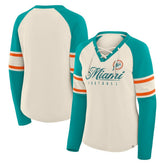 Miami Dolphins Women's Hometown Gridiron Hero Raglan Lace-Up V-Neck Long Sleeve T-Shirt Cream/Aqua - Fanatics