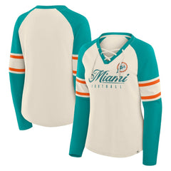 Miami Dolphins Women's Hometown Gridiron Hero Raglan Lace-Up V-Neck Long Sleeve T-Shirt Cream/Aqua - Fanatics
