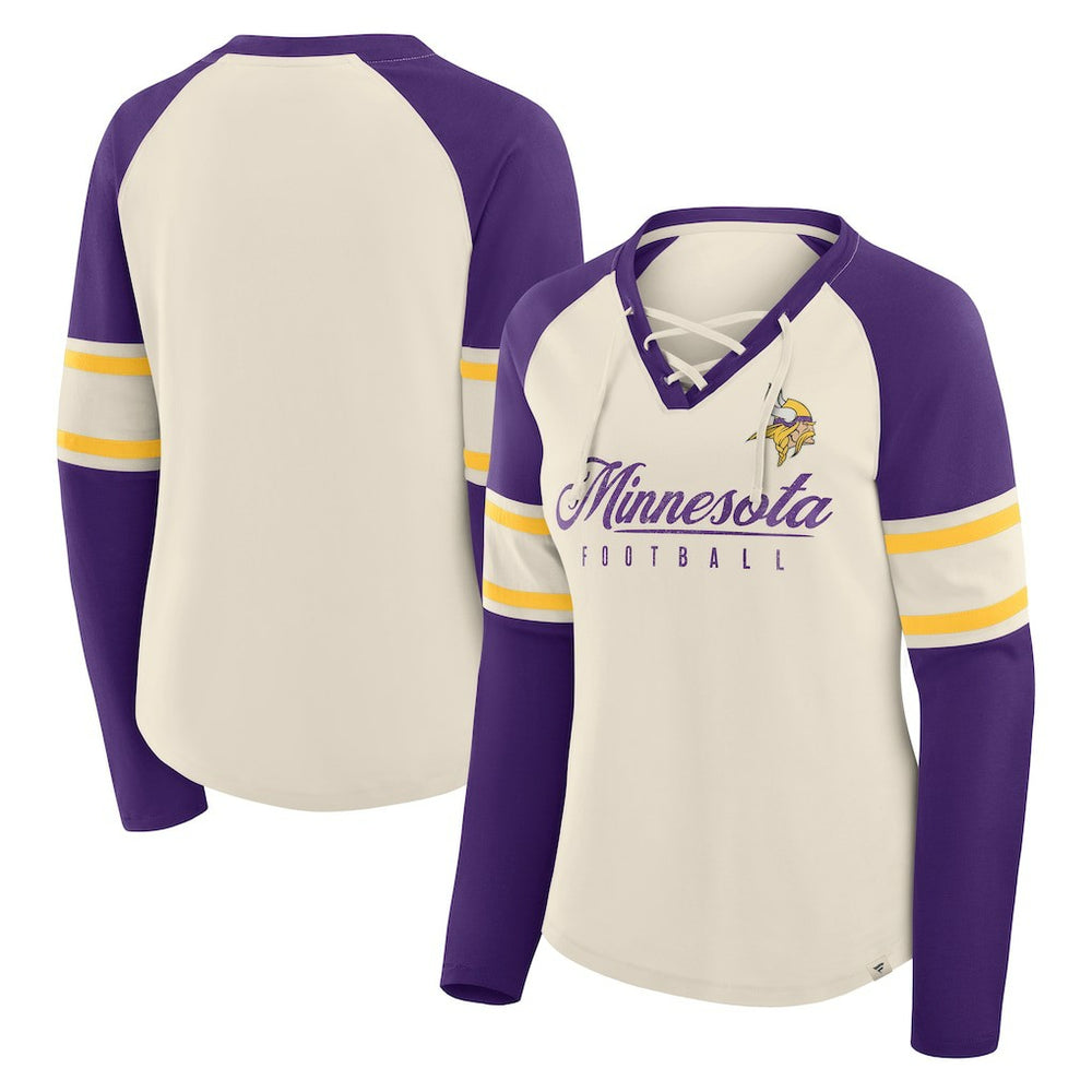 Minnesota Vikings Women's Hometown Gridiron Hero Raglan Lace-Up V-Neck Long Sleeve T-Shirt Cream/Purple - Fanatics