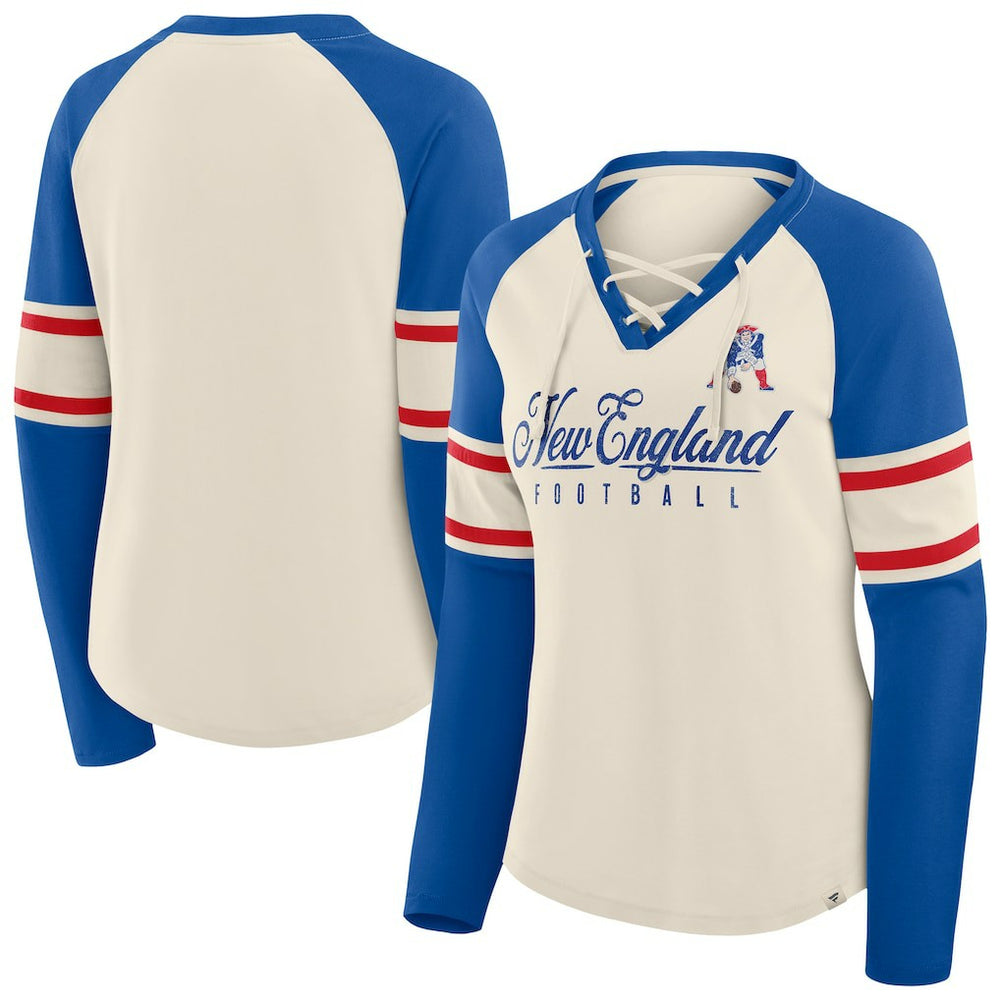 New England Patriots Women's Hometown Gridiron Hero Raglan Lace-Up V-Neck Long Sleeve T-Shirt Cream/Royal - Fanatics