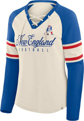 New England Patriots Women's Hometown Gridiron Hero Raglan Lace-Up V-Neck Long Sleeve T-Shirt Cream/Royal - Fanatics