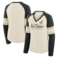 New Orleans Saints Women's Hometown Gridiron Hero Raglan Lace-Up V-Neck Long Sleeve T-Shirt Cream/Black - Fanatics