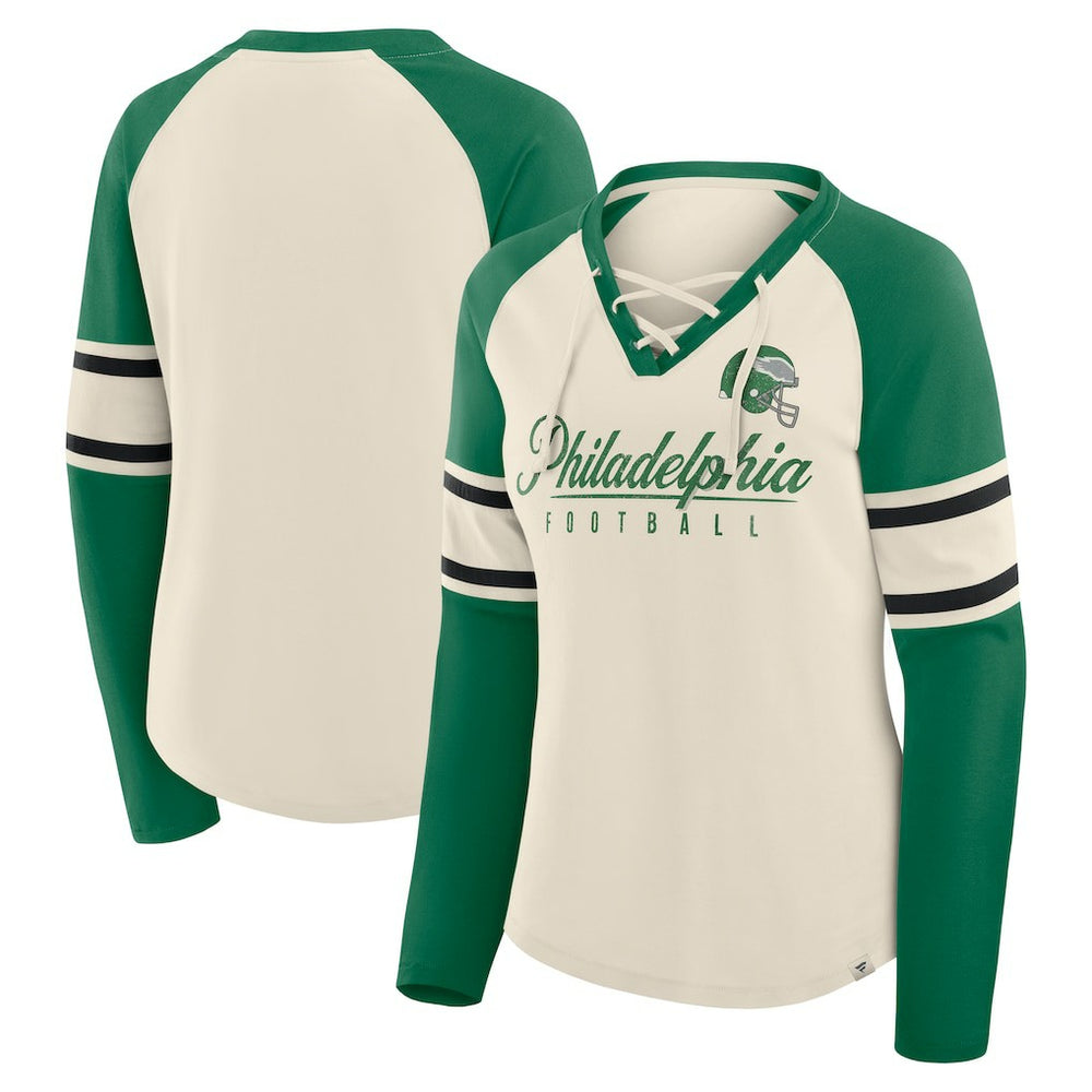 Philadelphia Eagles Women's Hometown Gridiron Hero Raglan Lace-Up V-Neck Long Sleeve T-Shirt Cream/Kelly Green - Fanatics