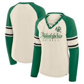 Philadelphia Eagles Women's Hometown Gridiron Hero Raglan Lace-Up V-Neck Long Sleeve T-Shirt Cream/Kelly Green - Fanatics