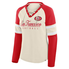 San Francisco 49ers Women's Hometown Gridiron Hero Raglan Lace-Up V-Neck Long Sleeve T-Shirt Cream/Scarlet - Fanatics