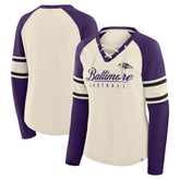 Baltimore Ravens Women's Hometown Gridiron Hero Raglan Lace-Up V-Neck Long Sleeve T-Shirt Cream/Purple - Fanatics