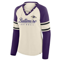 Baltimore Ravens Women's Hometown Gridiron Hero Raglan Lace-Up V-Neck Long Sleeve T-Shirt Cream/Purple - Fanatics