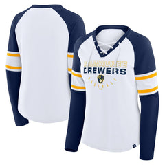 Milwaukee Brewers Fanatics Women's Blitz Package Raglan Lace-Up V-Neck Long Sleeve T-Shirt discount