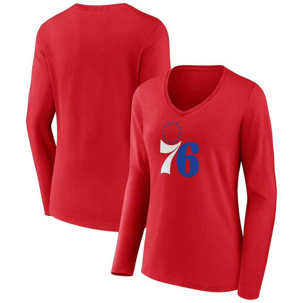 NBA - Philadelphia 76ers Women's Primary Logo Long Sleeve V-Neck T-Shirt - Red