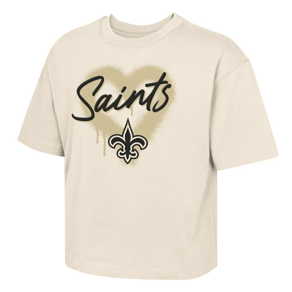 New Orleans Saints Outerstuff Girl's Youth Spray Heart Boxy T-Shirt Cream - NFL