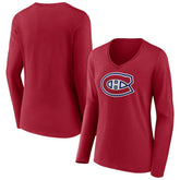 Montreal Canadiens - Women's Primary Logo Long Sleeve V-Neck T-Shirt Red