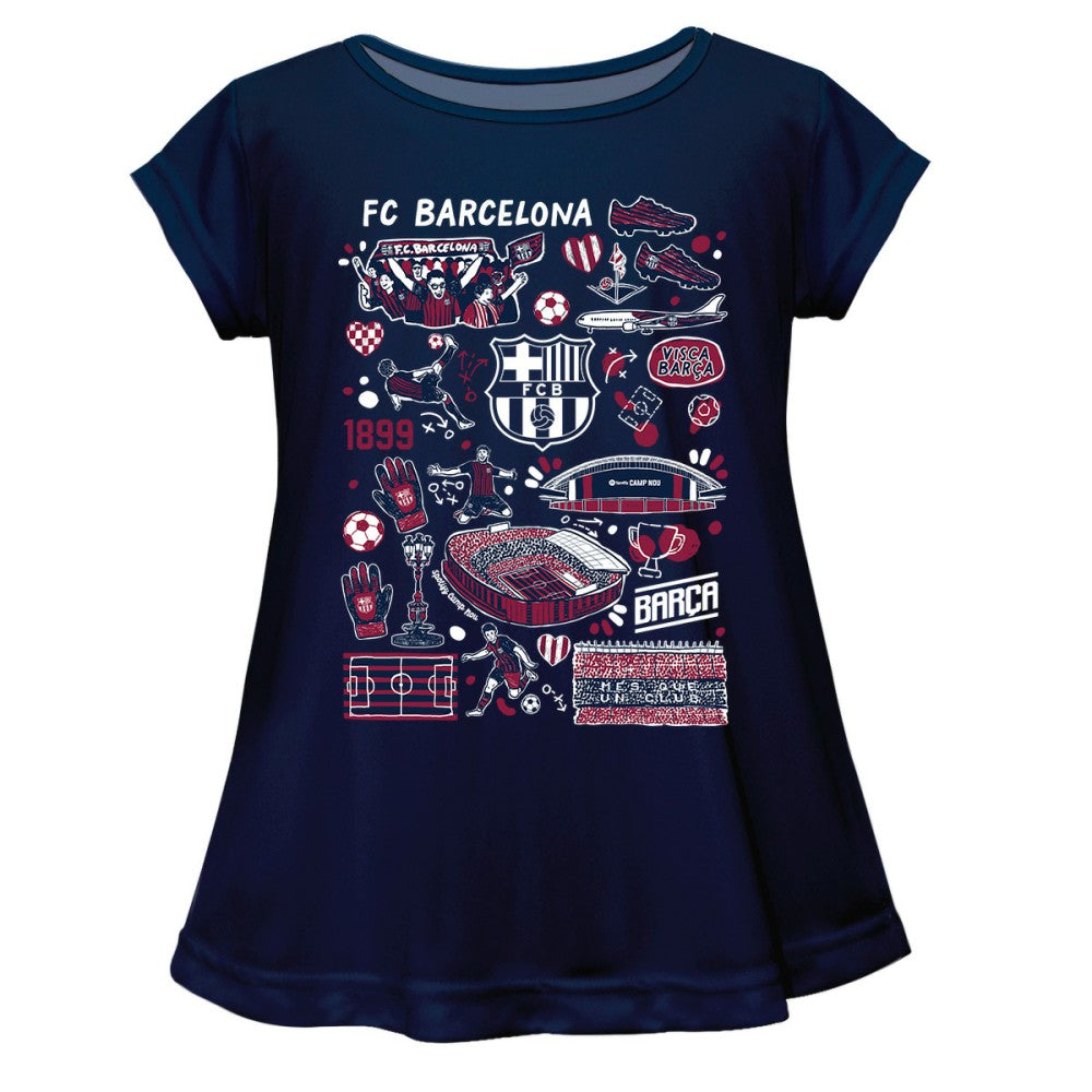 Barcelona Vive La Fete Girls Youth Impressions Artwork A-Line Top - Navy