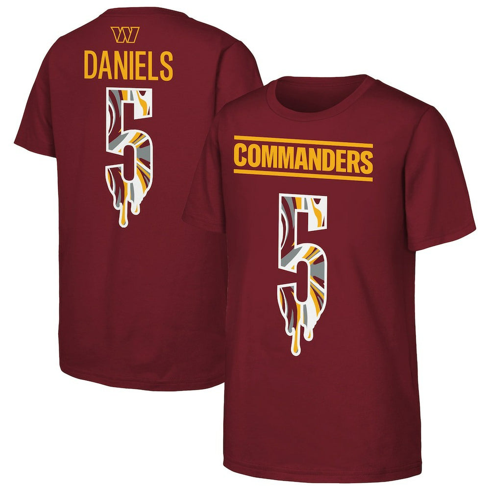 Jayden Daniels Washington Commanders Outerstuff Youth Mainliner Drip Player Name & Number T-Shirt Burgundy - NFL