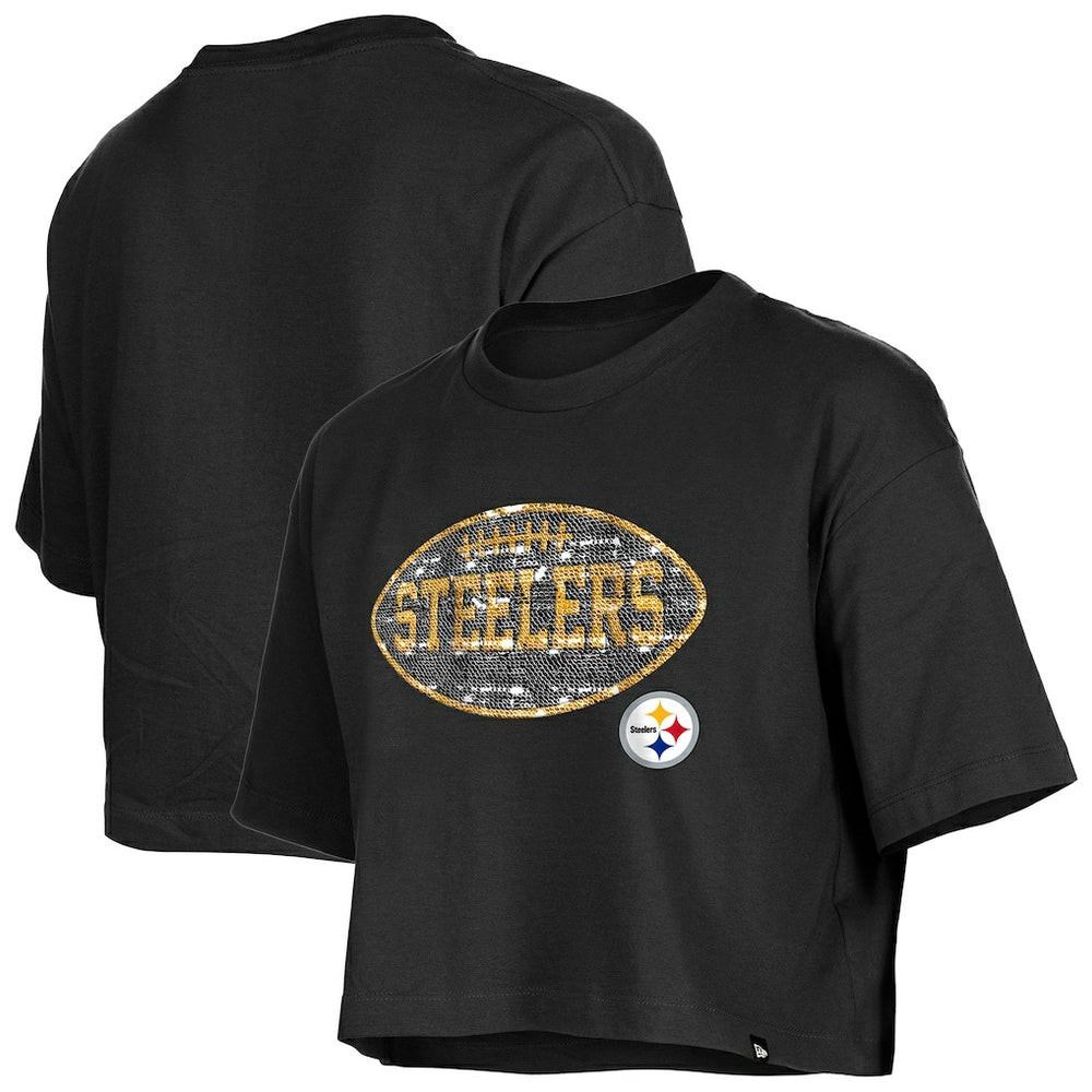 Pittsburgh Steelers New Era Girl's Flip Sequin Boxy T-Shirt Black - NFL