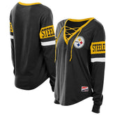 Pittsburgh Steelers New Era Women's Throwback Lace-Up Long-Sleeve T-Shirt Black - NFL