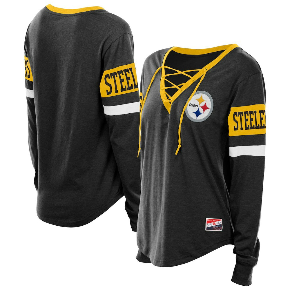 Pittsburgh Steelers New Era Women's Plus Size Throwback Lace-Up Long Sleeve T-Shirt Black - NFL