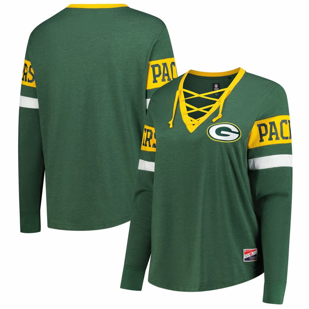 Green Bay Packers New Era Women's Plus Size Throwback Lace-Up Long Sleeve T-Shirt Green - NFL