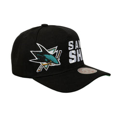 San Jose Sharks - Mitchell & Ness Busted Logo Wordmark Wrap-Around Pro Pinch Adjustable Hat Black