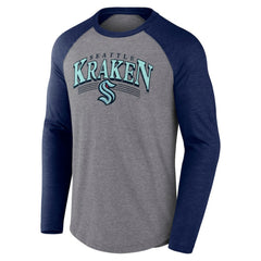 Seattle Kraken Fanatics Goal Crease Raglan Tri-Blend Long Sleeve T-Shirt Heather Gray/Heather Deep Sea Blue
