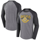 Boston Bruins Fanatics Goal Crease Raglan Tri-Blend Long Sleeve T-Shirt Heather Gray/Heather Charcoal
