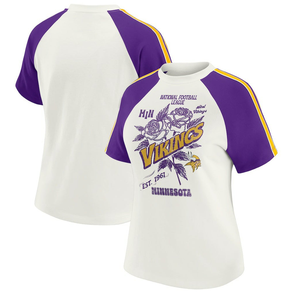 Minnesota Vikings WEAR by Erin Andrews Women's Sleeve Stripe Distressed Raglan T-Shirt White - NFL