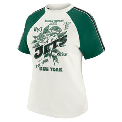 New York Jets WEAR by Erin Andrews Women's Sleeve Stripe Distressed Raglan T-Shirt White - NFL